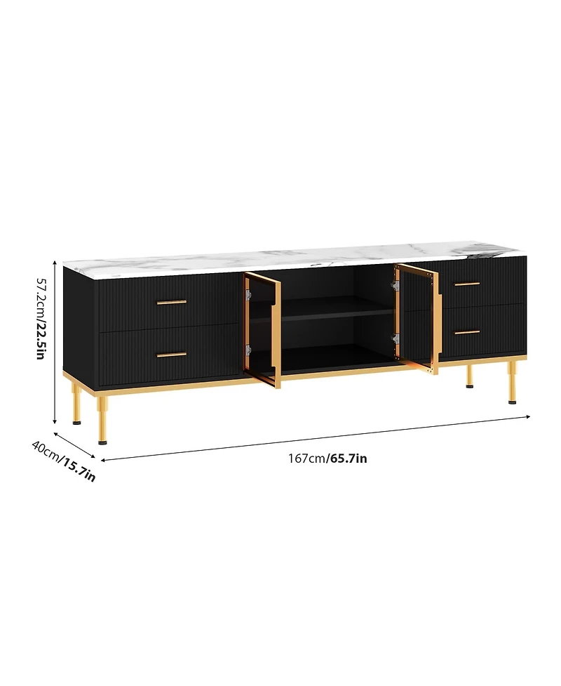 homfan Contemporary Fluted Tv Stand with Adjustable Led Lighting, Drawers and Open Shelves, Reinforced Engineered Wood Metal Legs