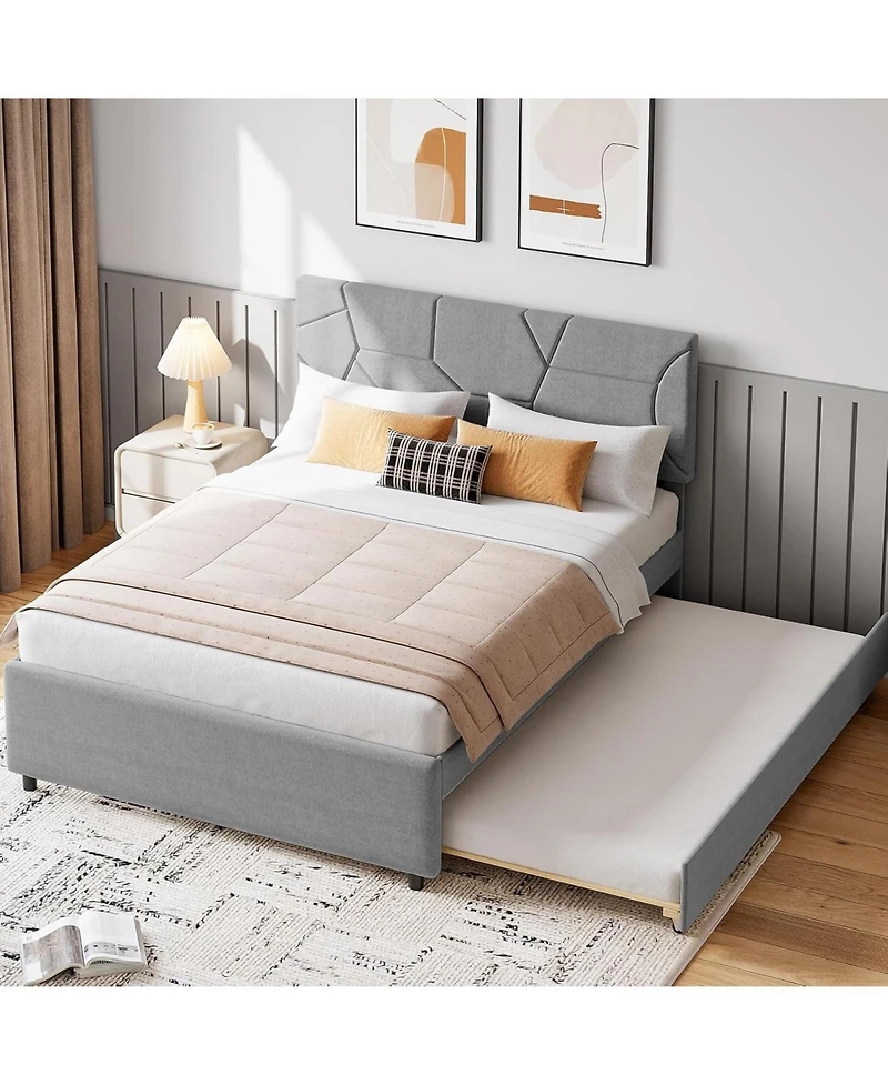 gaomon Bed Frame with Trundle, Upholstered Platform Bed Frame with Headboard, Trundle Bed Twin, Wood Slat Support, for Bedroom, Living Room