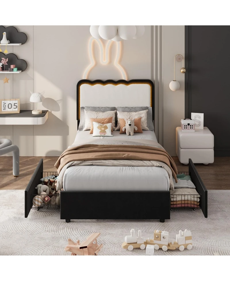 Gaomon Upholstered Bed Frame with Led Lights, Adjustable High Headboard, Large Storage Drawer, No Box Spring Required, Noise-Free