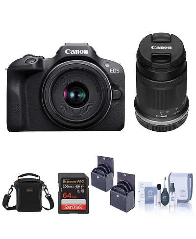 Canon Eos R100 Mirrorless Camera with Rf-s 18-45mm f4.5-6.3 and Rf-s 55-210mm f/5-7.1 Lens, Bundle with Memory Card, Shoulder Bag and Filter Kit