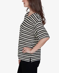 Ruby Rd. Petite Textured Stripe Fringe Sleeve T-Shirt