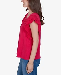 Ruby Rd. Petite Crochet Sleeve Solid Cotton Blouse