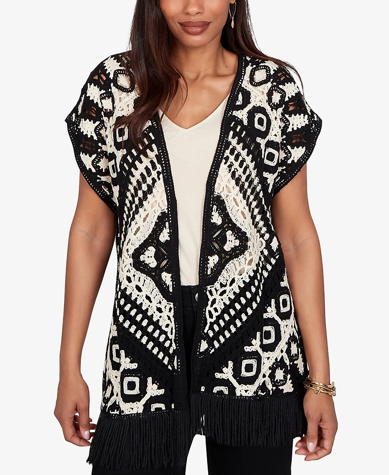 Ruby Rd. Petite Medallion Crochet Fringe Short-Sleeve Cardigan