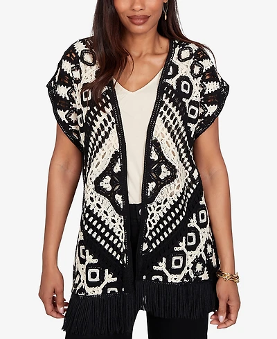 Ruby Rd. Petite Medallion Crochet Fringe Short-Sleeve Cardigan
