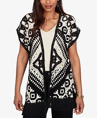 Ruby Rd. Petite Medallion Crochet Fringe Short-Sleeve Cardigan