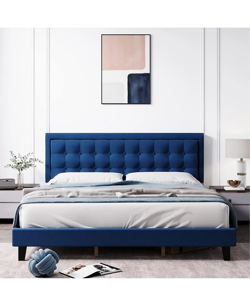 gaomon Platform Bed with Adjustable Linen Button Tufted Headboard, Noise-Free Design and No Box Spring Needed