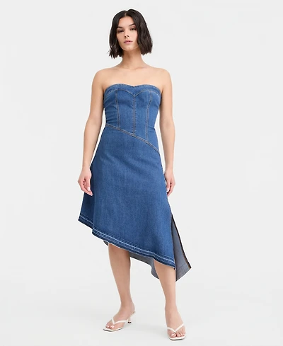 14th Place Juniors' Strapless Asymmetric Denim A-Line Dress