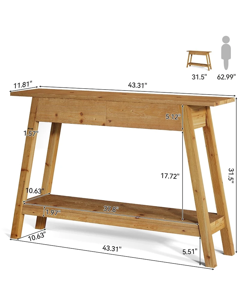 Tribesigns Solid Wood Console Table, 43.31" Entryway Table with 2 Drawers, 2-Tier Wood Sofa Console with Storage