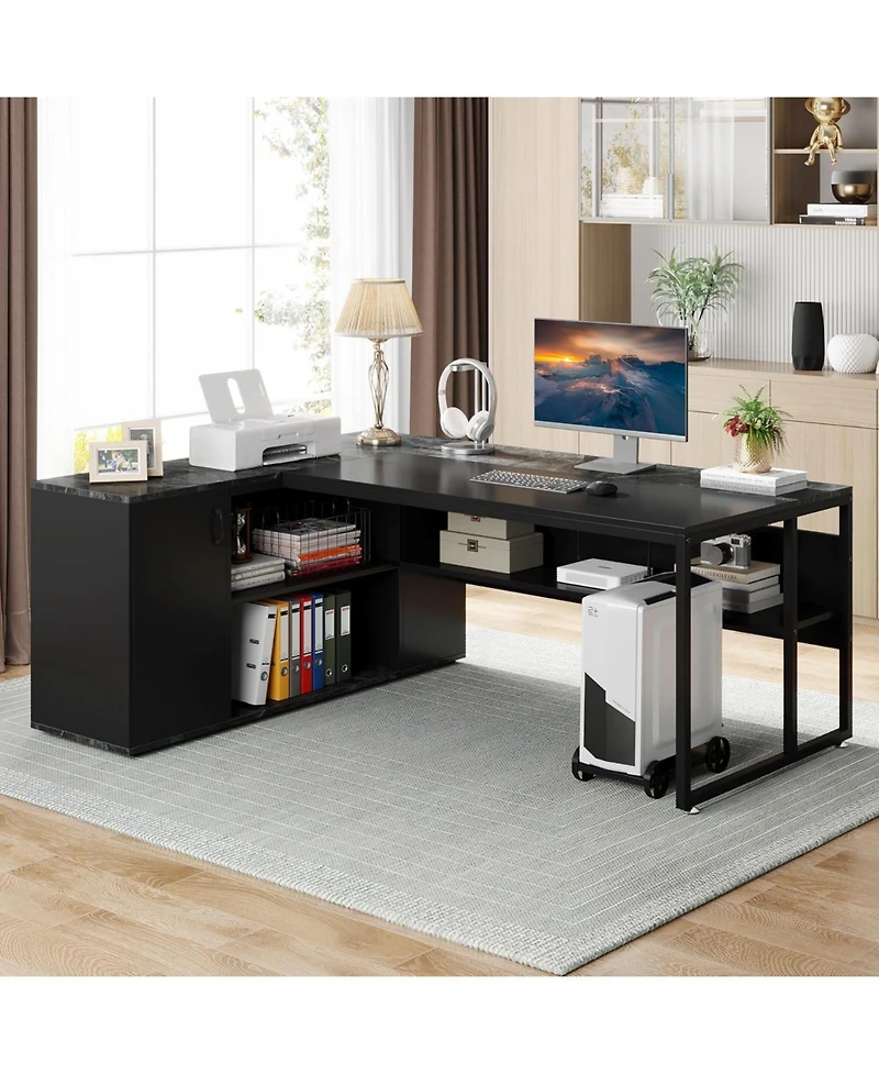 Tribesigns 71 inch Executive Desk, L Shaped Desk with Cabinet Storage, Office Shelves, Business Furniture Set Workstation
