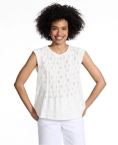 Lands' End Women's Cap Sleeve Eyelet Pintuck Swing Top