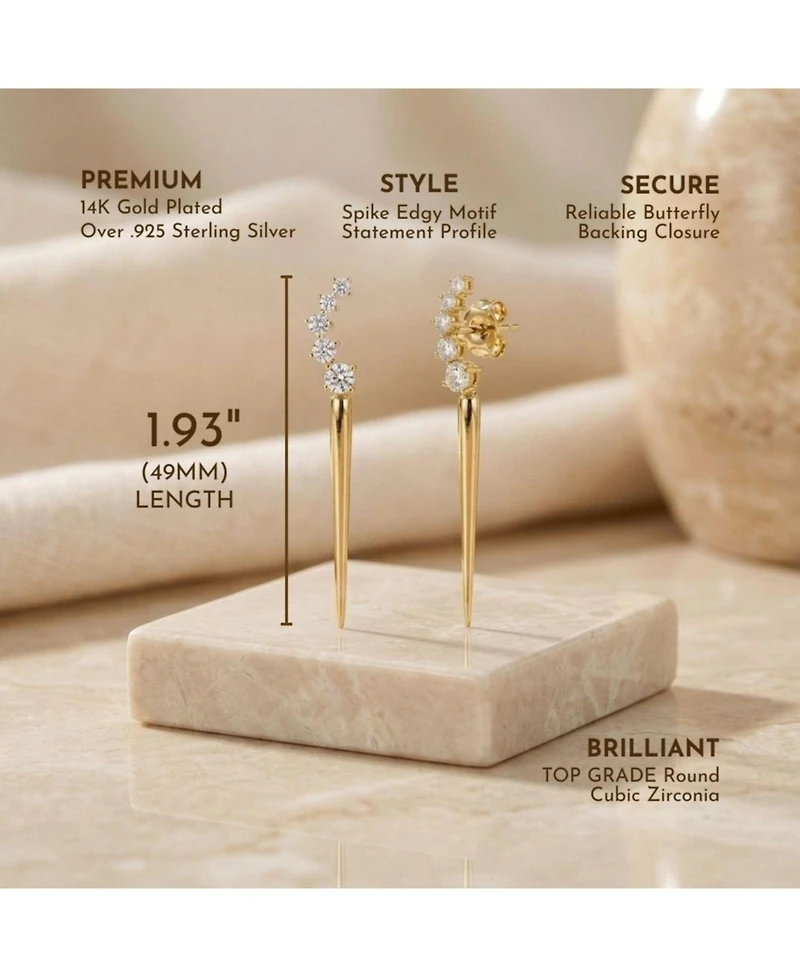 Elegant Waterfall Spike Dangle Earrings 14k Yellow Gold Plating with Green & Cubic Zirconia