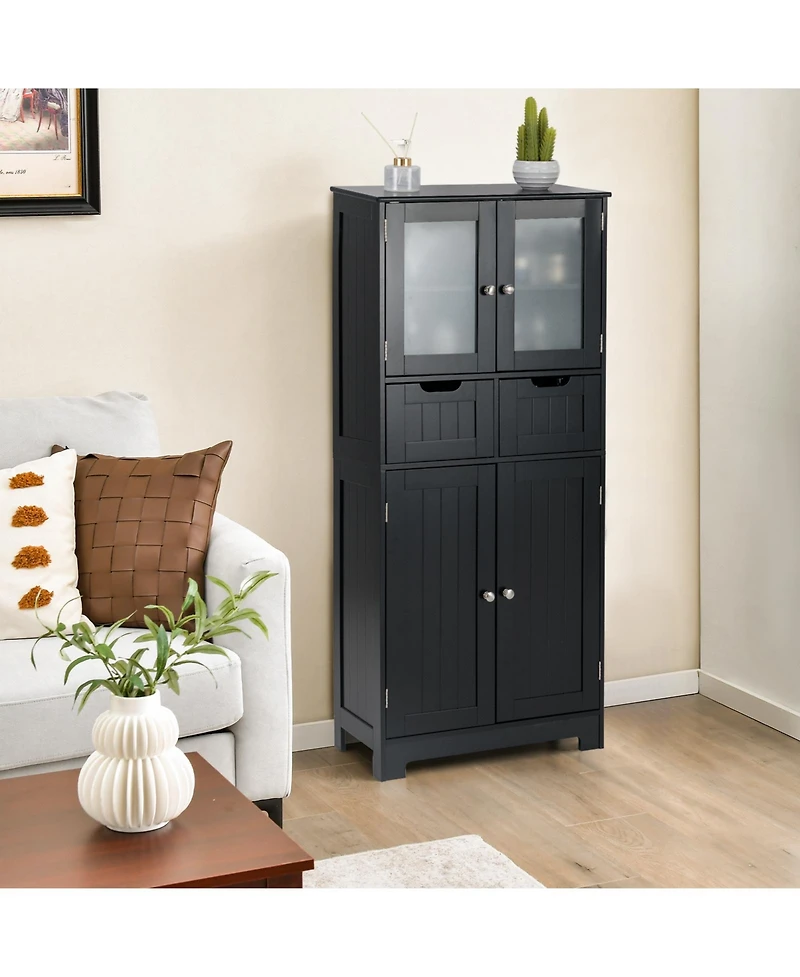 sumyeg 4-Door Freestanding Bathroom Floor Storage Cabinet with Drawers and Glass Doors