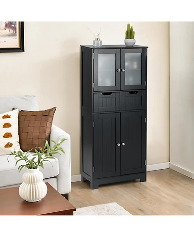 sumyeg 4-Door Freestanding Bathroom Floor Storage Cabinet with Drawers and Glass Doors