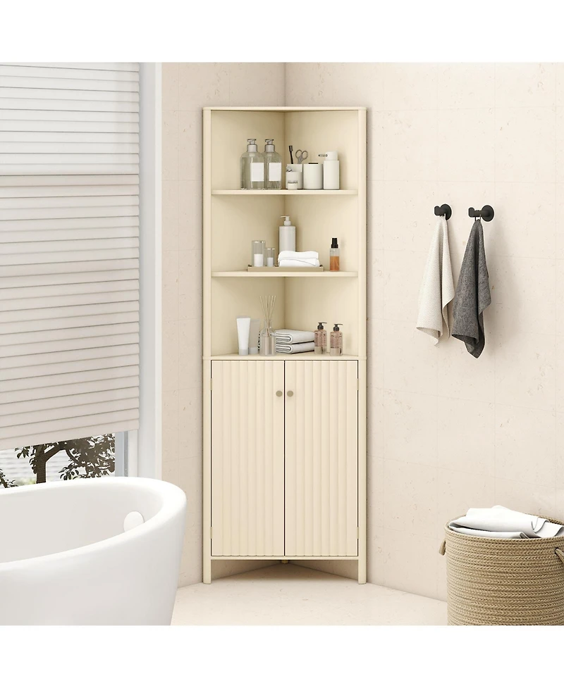 sumyeg 68 Inch Tall Corner Bathroom Storage Cabinet with Shelves and Fluted Doors