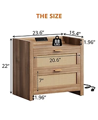 homfan Farmhouse Nightstand Set of 2 with Charging Station, 2 Rattan Storage Drawers End Table for Bedroom and Living Room