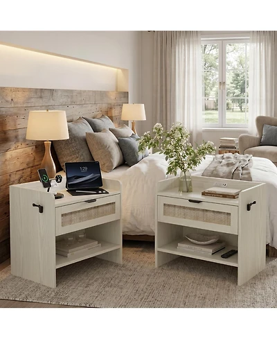 homfan Set of 2 Modern Boho Rattan Nightstands with Type-c Charging Station, Drawer and Open Shelf, Practical Bedside Furniture for Bedroom