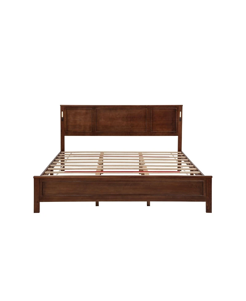Clihome King Bed with Tall-Panel Headboard and Footboard, Built-in Led Lights, Usb Charging Station