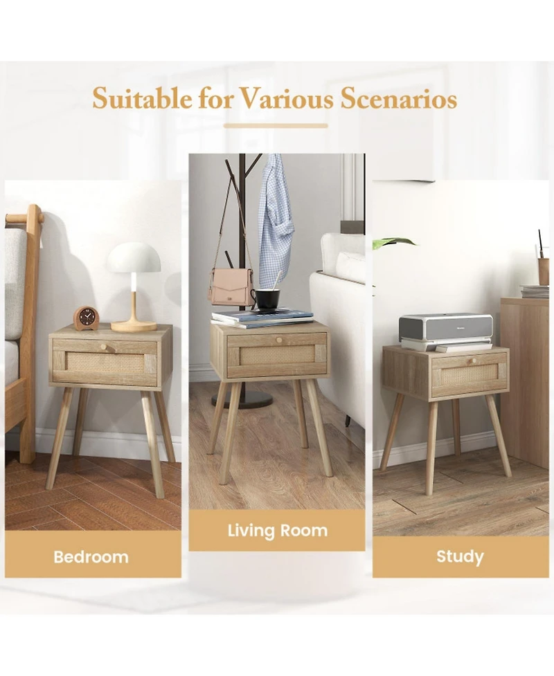 Gouun Set of 2 Modern Rattan Nightstands with Drawer and Solid Wood Legs