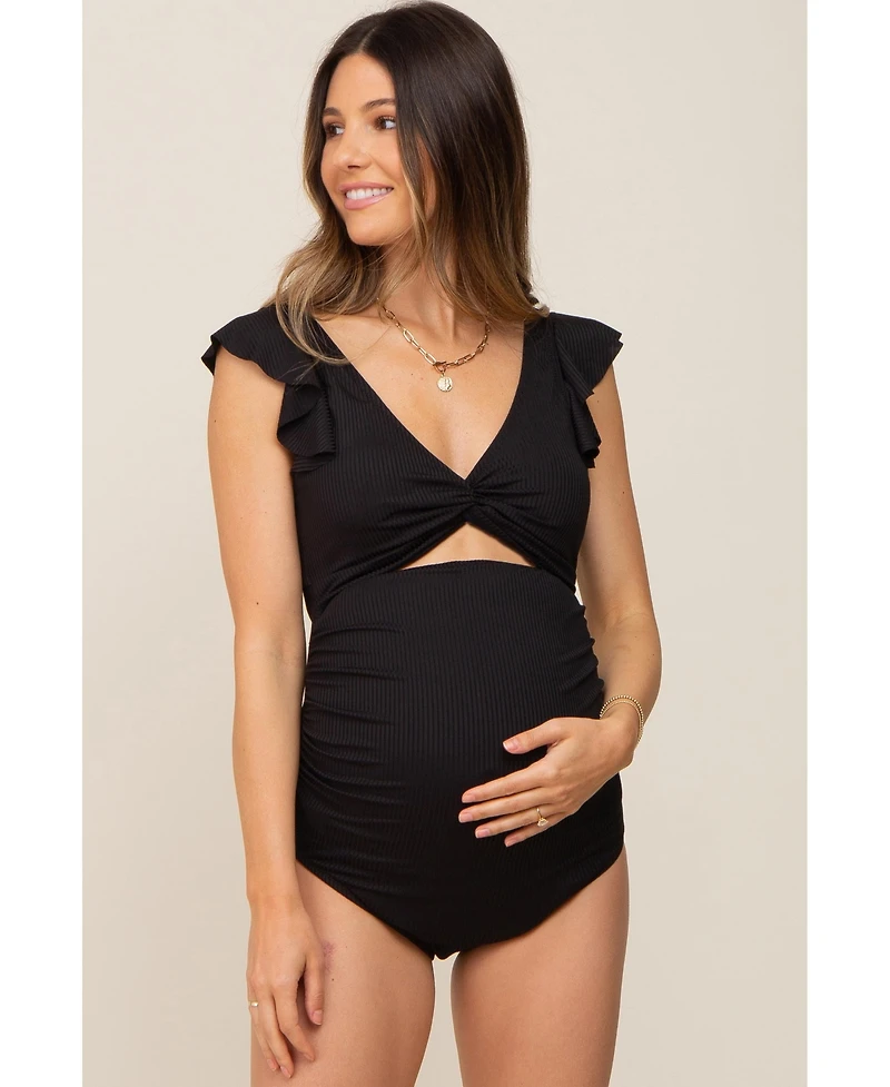 Pinkblush Maternity Black Ribbed Cutout Flutter One Piece Swimsuit