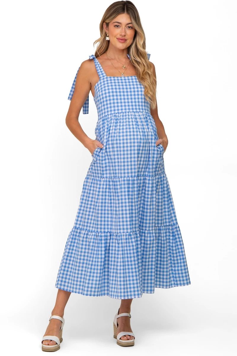 Pinkblush Maternity Blue Checkered Sleeveless Tiered Maxi Dress