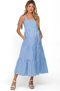 Pinkblush Maternity Blue Checkered Sleeveless Tiered Maxi Dress