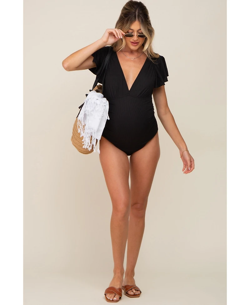 Pinkblush Maternity Plum Deep V-Neck Flounce One Piece Swimsuit