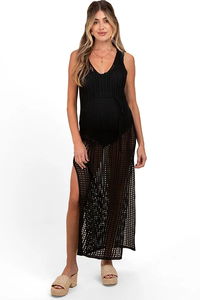 Pinkblush Maternity Mocha Crochet V-Neck Side Slit Cover Up
