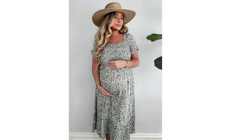Pinkblush Maternity Light Blue Floral Ruffle Midi Dress