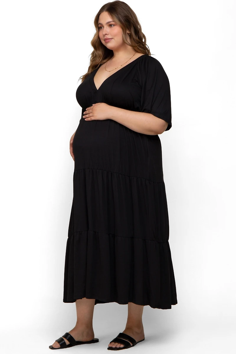 Pinkblush Plus Size Black Deep V-Neck Tiered Maxi Dress