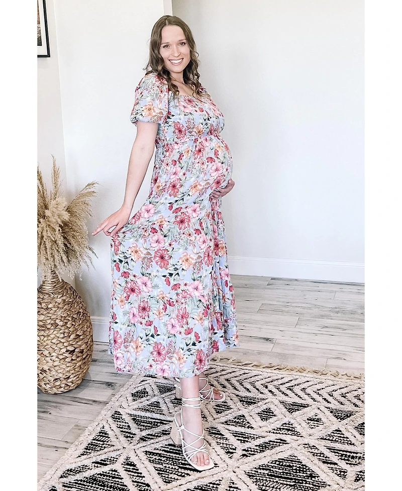 Pinkblush Maternity Blue Floral Smocked Square Neck Tiered Maxi Dress