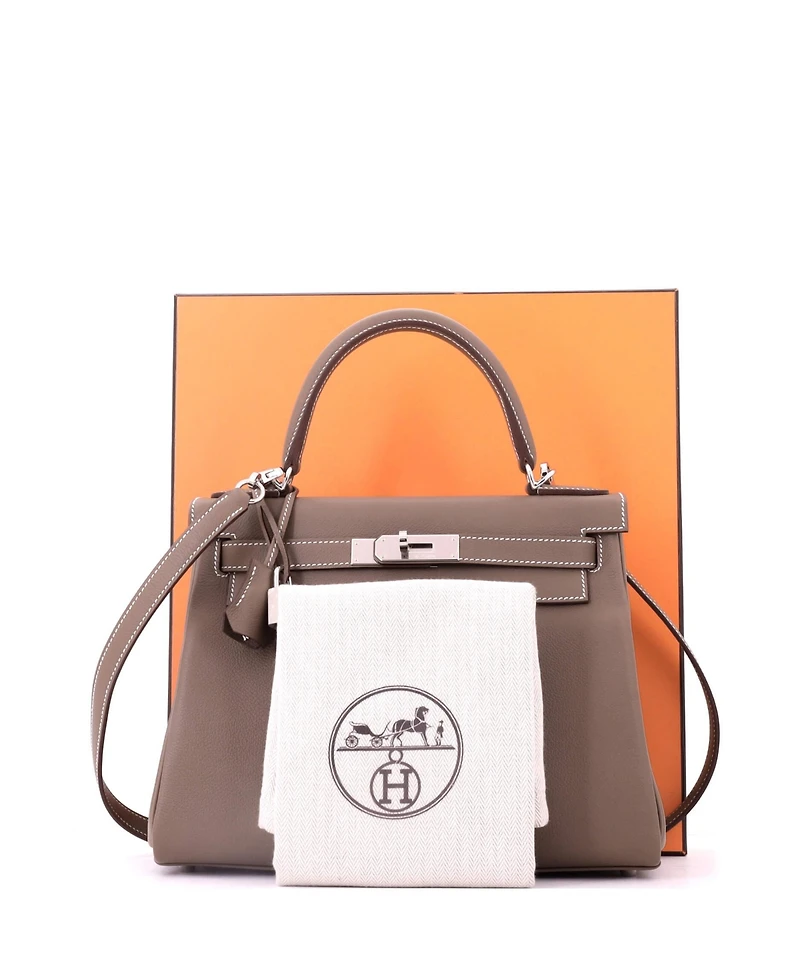 Pre-Owned HERMES Kelly 28 Handbag Grey Evercolor with Palladium Hardware