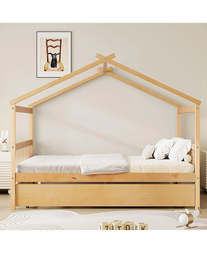 Sailvan Full Wooden House Bed with Twin Trundle