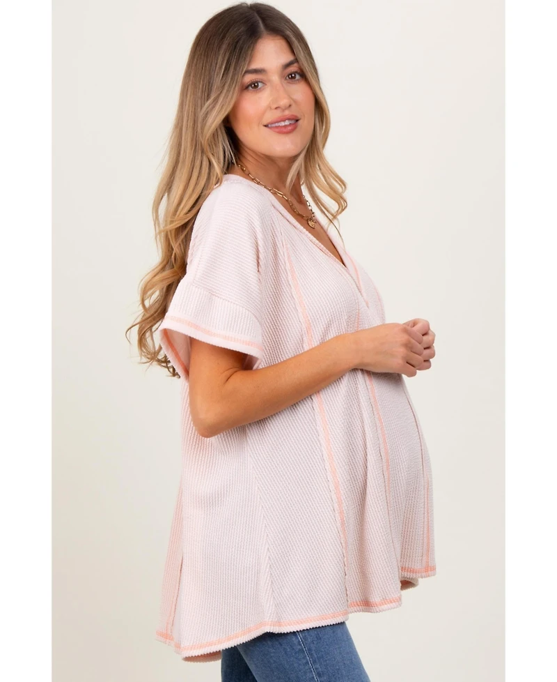 Pinkblush Maternity Peach Striped Ribbed V-Neck Oversized Short Sleeve Top