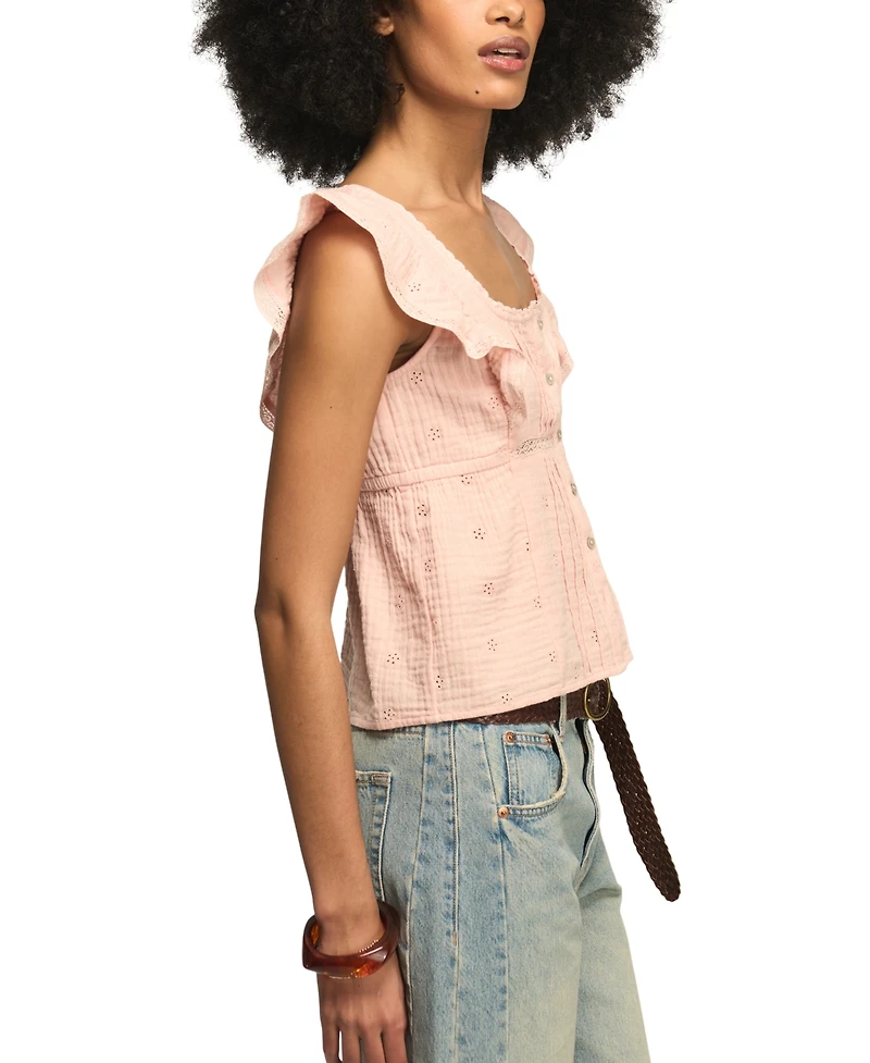 Lucky Brand Women's Embroidered Cotton Babydoll Top