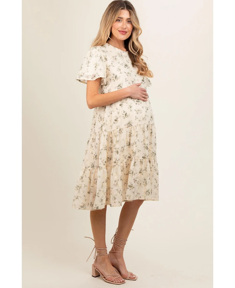 Pinkblush Maternity Cream Floral Print Eyelet Lace Dress