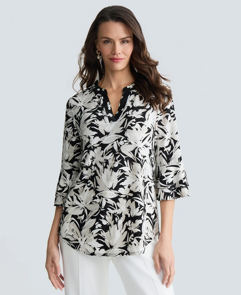 Kasper Women's Printed V-Neck Elbow-Sleeve Top, Regular & Petite