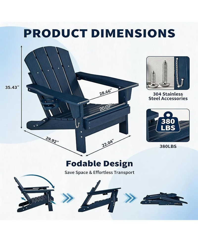 Xo 1 Piece All Weather Resistent Outdoor Patio Chair, Folding Adirondack Chair with Cup Holder