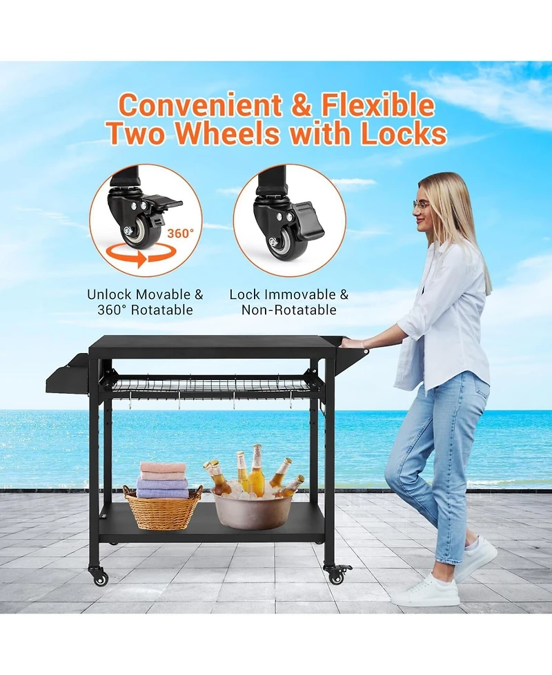 Xo Outdoor Rolling Bbq Grill Cart, 2-Tier Metal Prep Table, Lockable Wheels, Side Mesh Shelf for Patio Backyard