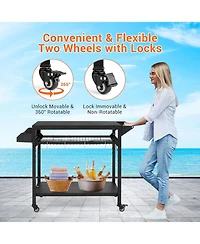 Xo Outdoor Rolling Bbq Grill Cart, 2-Tier Metal Prep Table, Lockable Wheels, Side Mesh Shelf for Patio Backyard