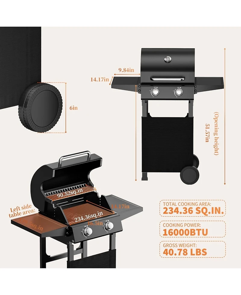 Xo 2-Burner Propane Gas Grill, 16,000 Btu Bbq Grill with Side Shelves for Patio Tailgating