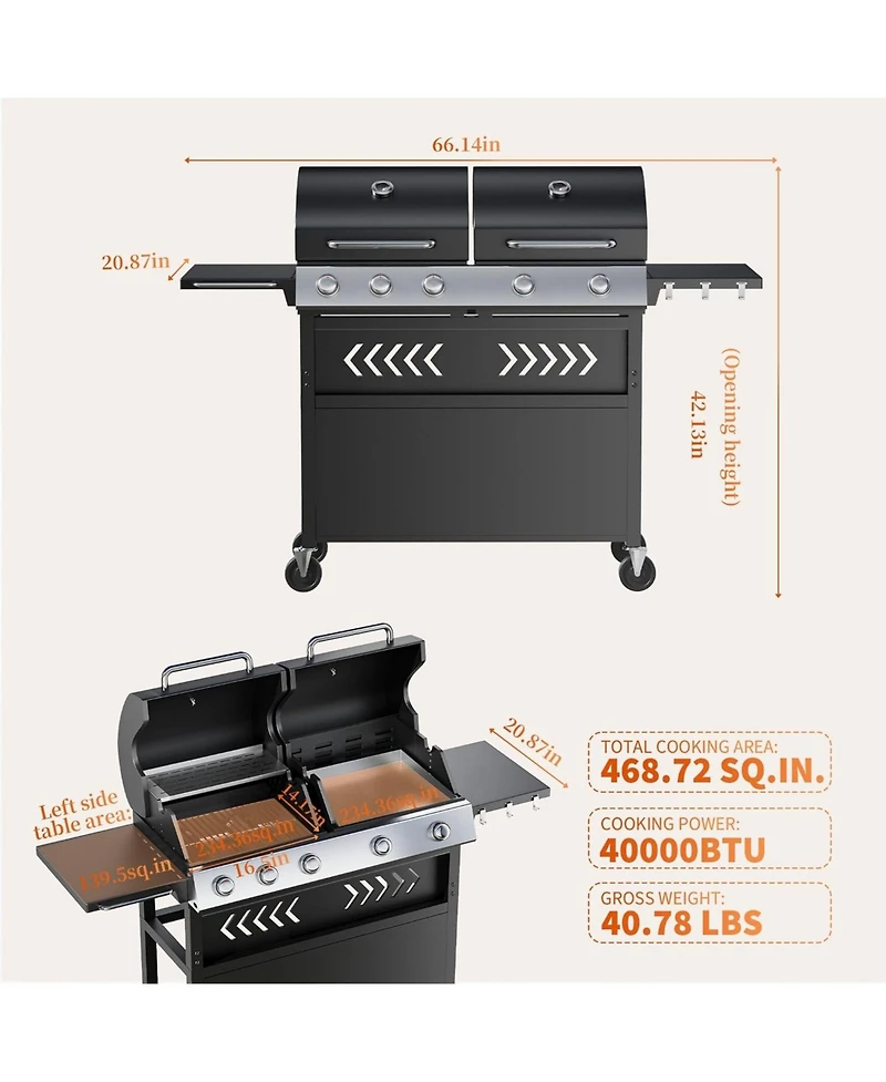 Xo 5-Burner Propane Gas Griddle Grill Combo, 40,000 Btu Stainless Steel Bbq for Backyard Kitchen