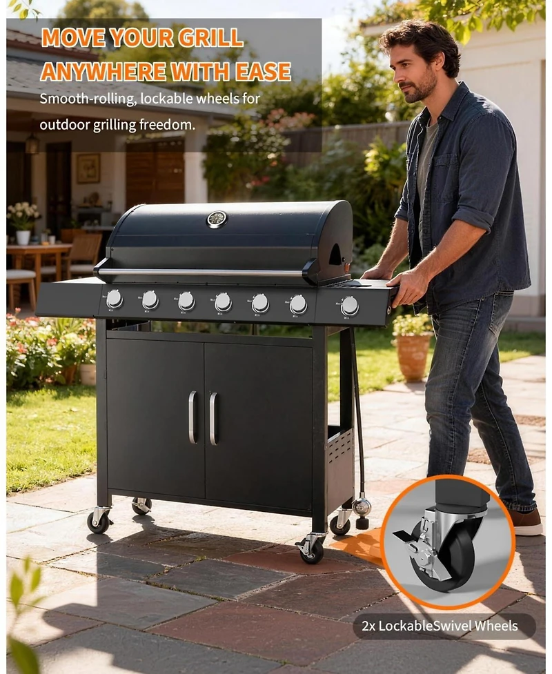 Xo 6-Burner Propane Gas Grill with Side Burner, Cast Iron Grates, Cabinet for Patio Backyard Bbq
