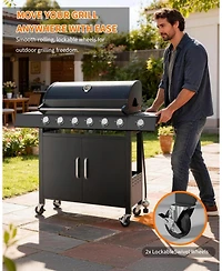 Xo 6-Burner Propane Gas Grill with Side Burner, Cast Iron Grates, Cabinet for Patio Backyard Bbq