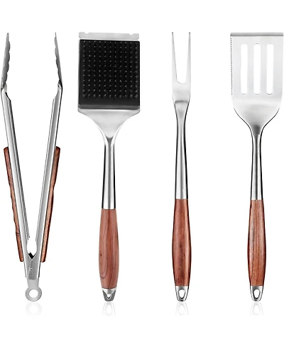 Xo 4-Piece Bbq Tools Set, Stainless Steel Spatula Fork Brush Tongs, Rosewood Handles