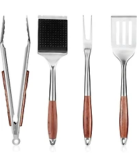 Xo 4-Piece Bbq Tools Set, Stainless Steel Spatula Fork Brush Tongs, Rosewood Handles