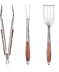 Xo 3-Piece Bbq Tools Set, Stainless Steel Spatula Fork Tongs, Rosewood Handles for Grilling
