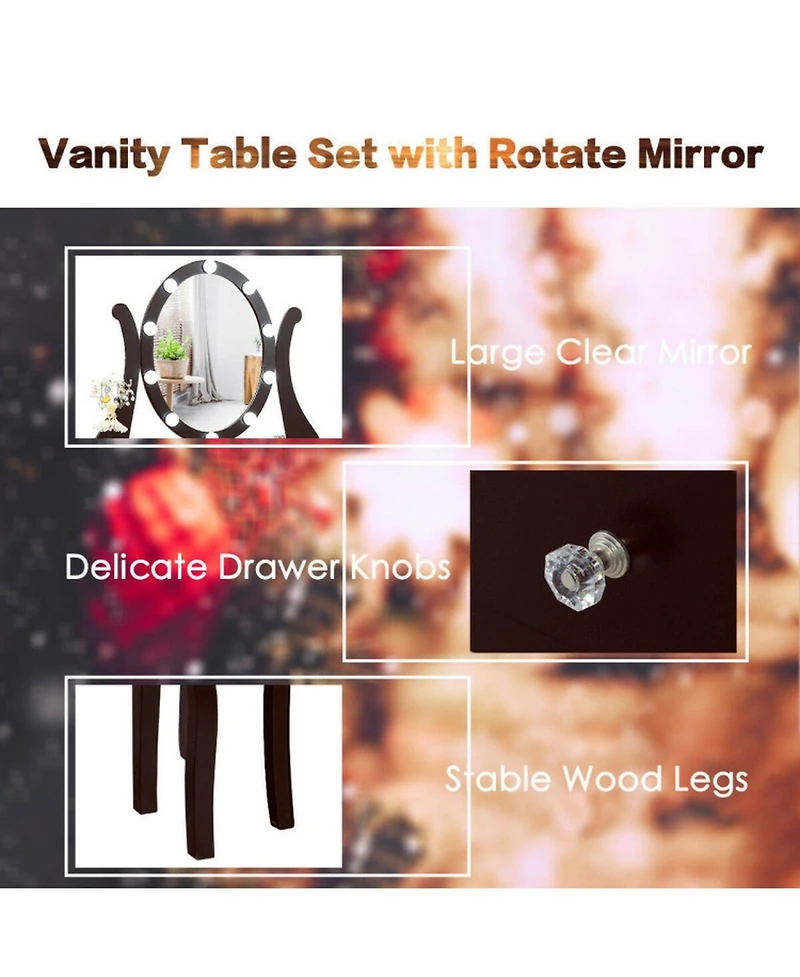 Gouun Dimmable Led Vanity Table Set with Cushioned Stool, 5 Drawers and 360-Degree Mirror