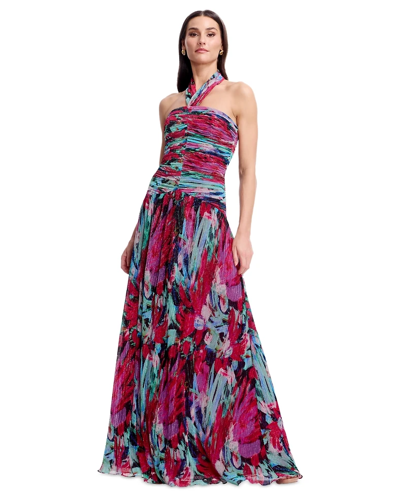 Dress the Population Women's Printed Halter Neck Ruched Drop Waist Gown