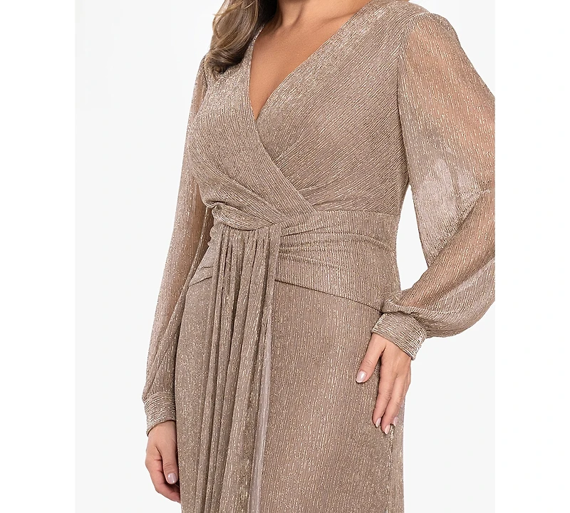 Betsy & Adam Plus V-Neck Lurex Knit Ball Gown