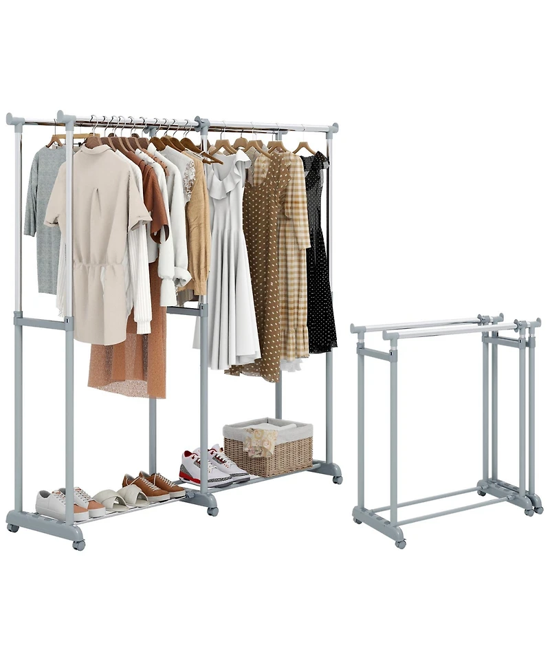 Gouun Adjustable Double Rod Garment Rack with Casters